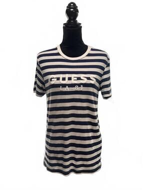 Guess LA 81 Striped T-Shirt Navy White Nautical Y2K Preppy Boho Tee Size M/M